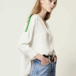 Sandro White Button-Front Blouse with Green and Tan Shoulder Stripes